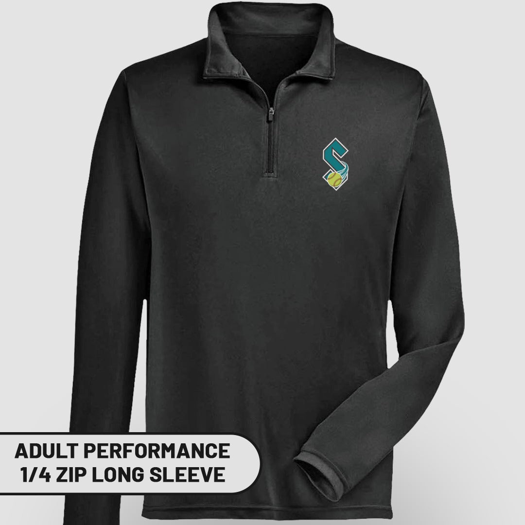 Black adult performance 1/4 zip long sleeve shirt with a logo.