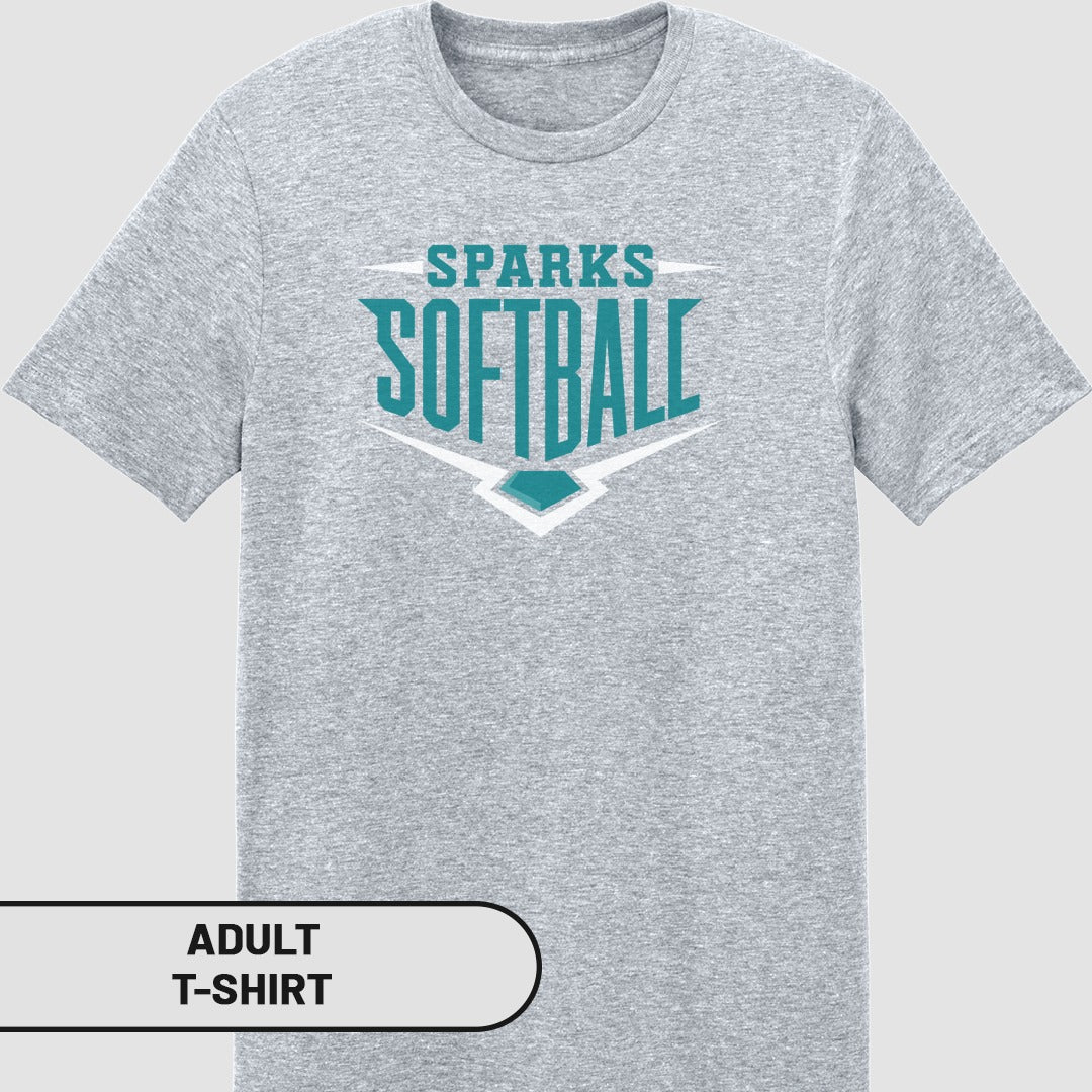 Grey adult t-shirt with "SPARKS SOFTBALL" logo.
