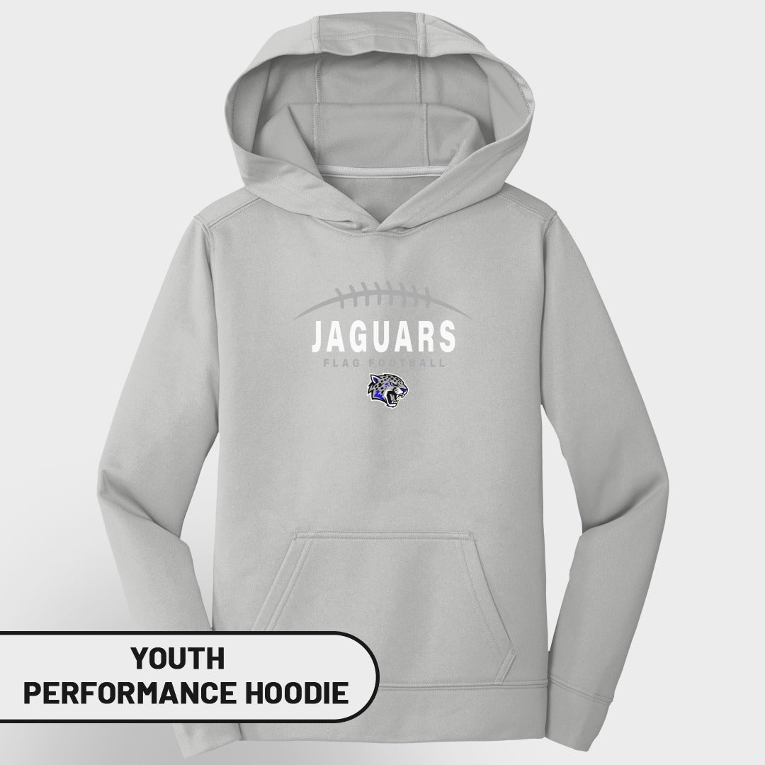 Youth grey performance hoodie with "Jaguars Flag Football" and jaguar logo.