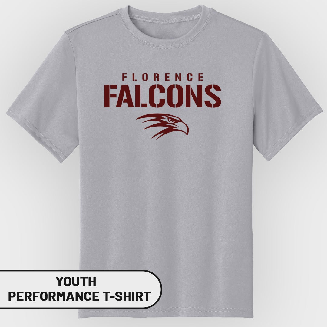 Youth light gray performance t-shirt with "Florence Falcons" and eagle logo.