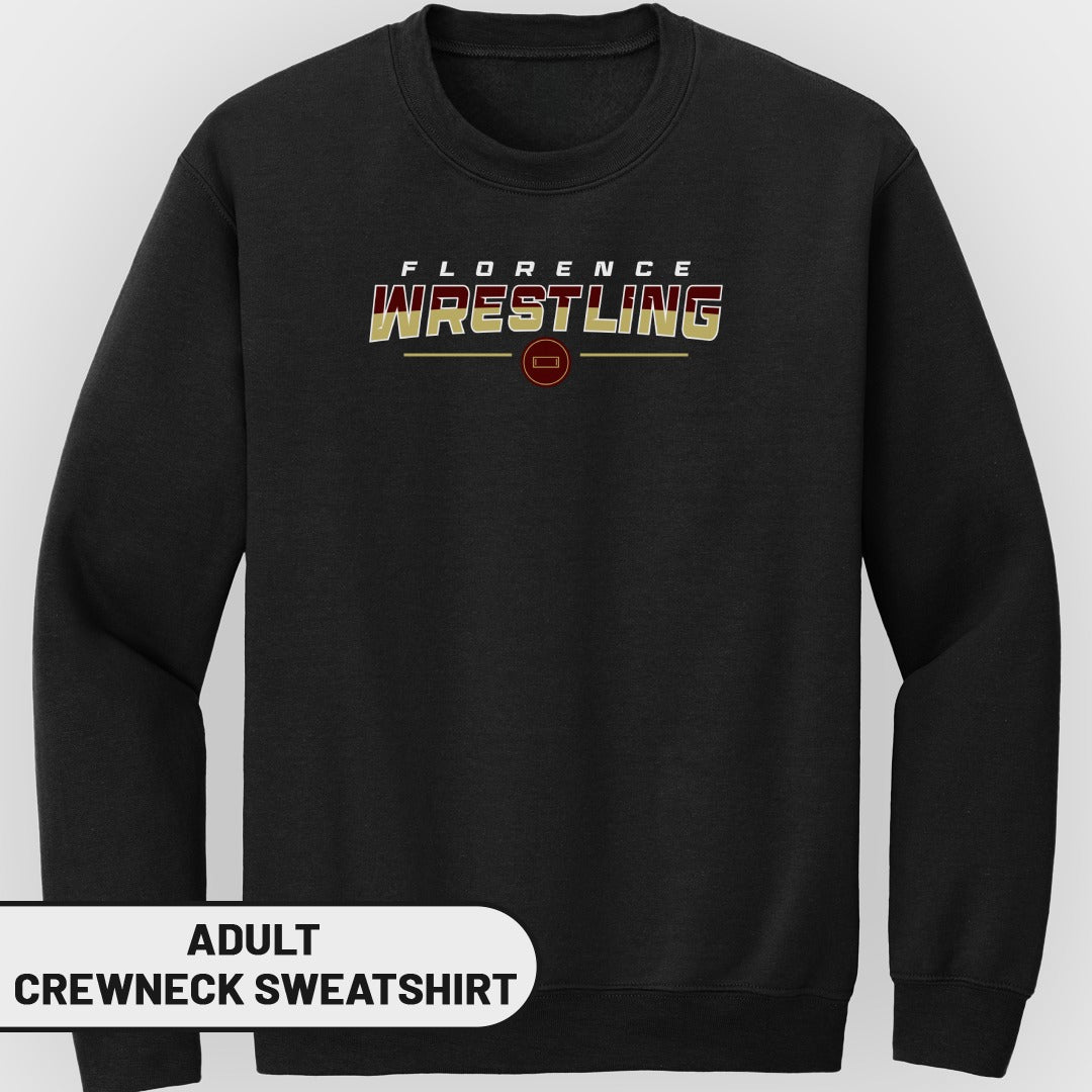 Black adult crewneck sweatshirt with "Florence Wrestling" text and logo.