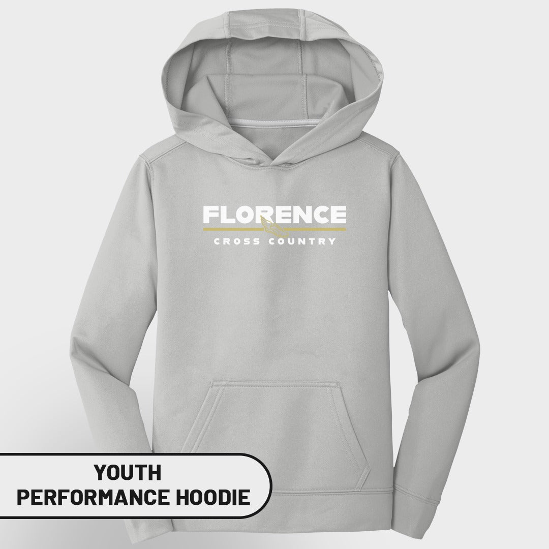 Light gray youth performance hoodie with "FLORENCE CROSS COUNTRY" text.