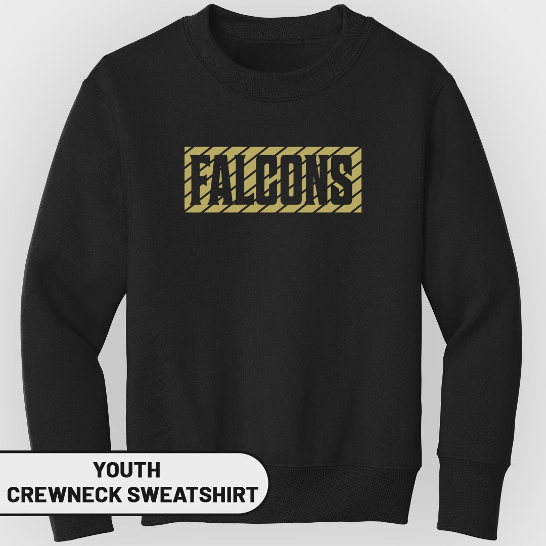 Youth black crewneck sweatshirt with "FALCONS" in gold text on a striped background.