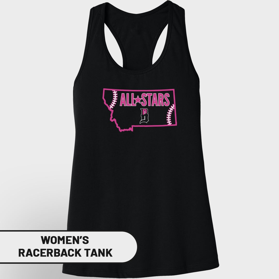 Black women's racerback tank top with pink "All Stars" and Montana outline graphic.