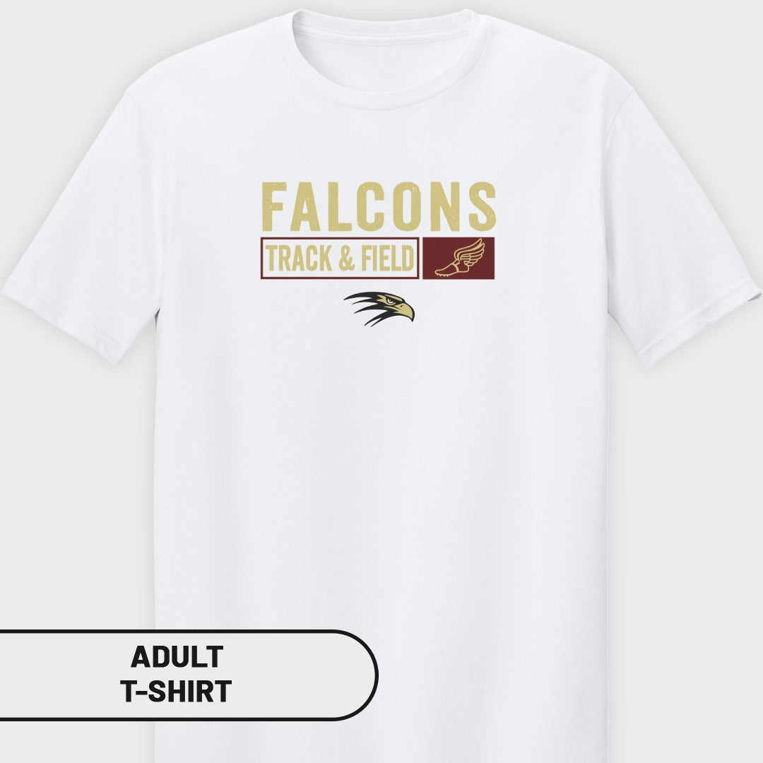 White adult t-shirt with "FALCONS TRACK & FIELD" logo and eagle graphic.