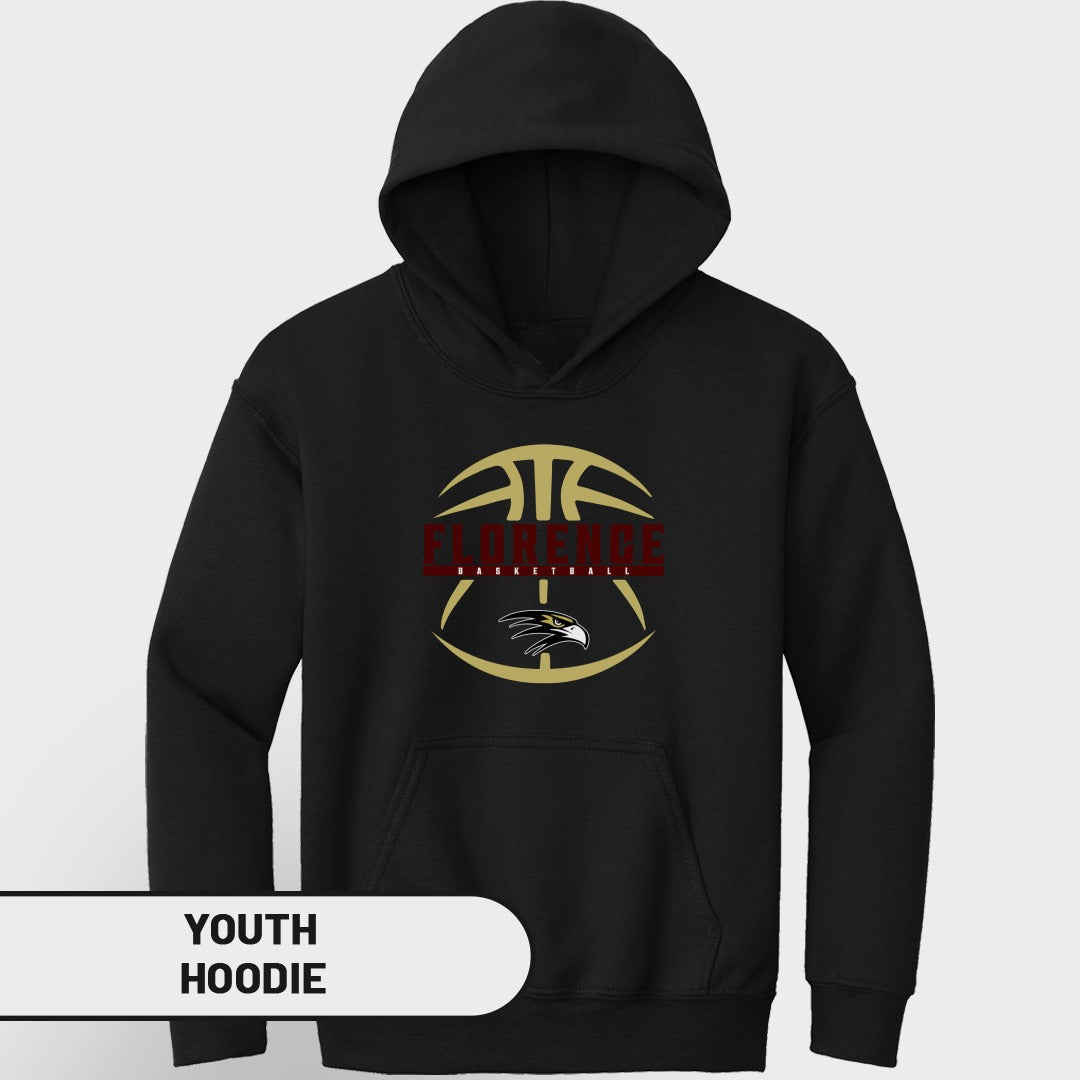 Black youth hoodie with Florence basketball logo featuring a hawk and ball.
