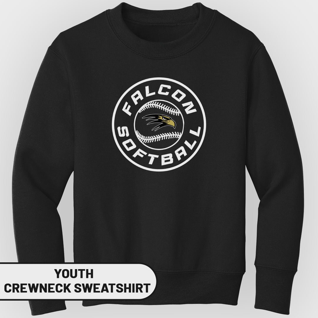 Youth crewneck sweatshirt with circular Falcon softball logo and eagle graphic.