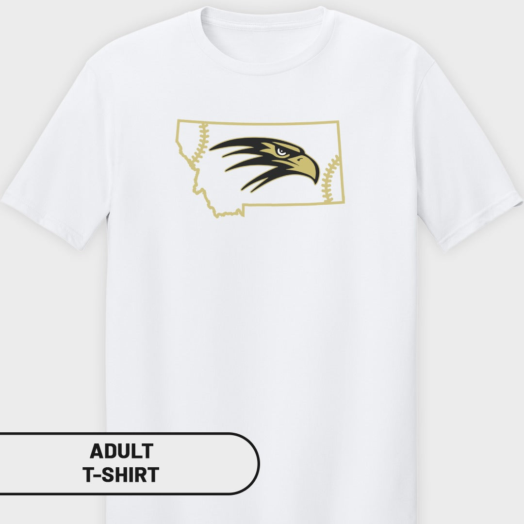 White t-shirt with Montana outline, eagle head, and baseball stitching graphic.