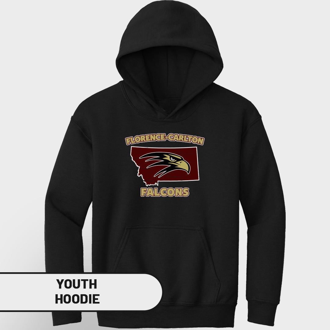 Black youth hoodie with Florence-Carlton Falcons logo on Montana shape.