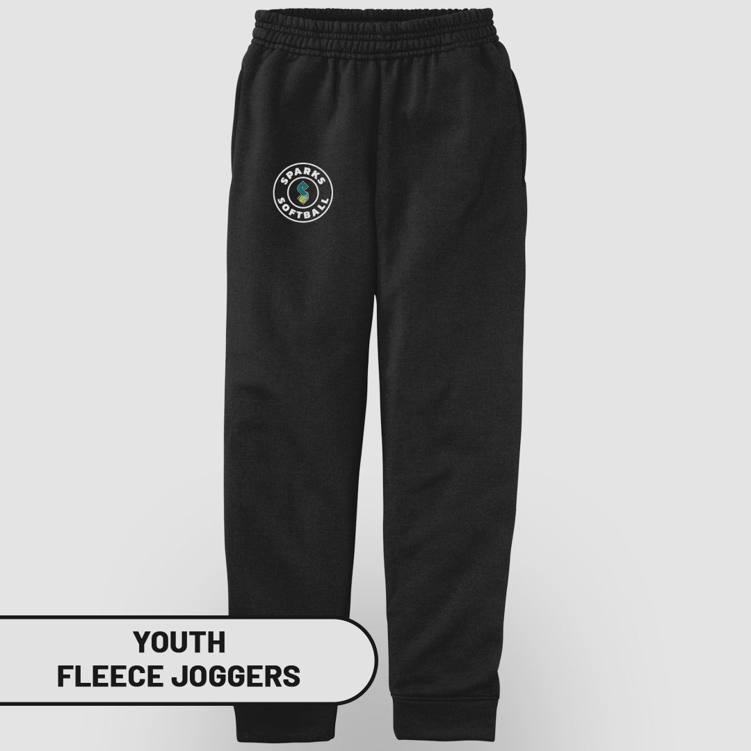 Youth black fleece joggers with Sparks Softball logo.