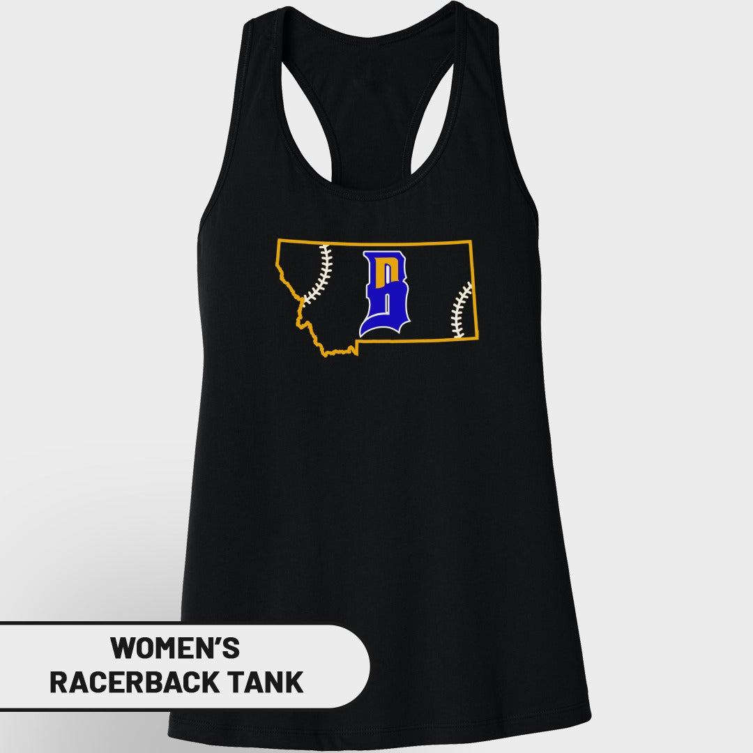 Black women's racerback tank with Montana outline filled with baseball stitching and a blue 'B'.