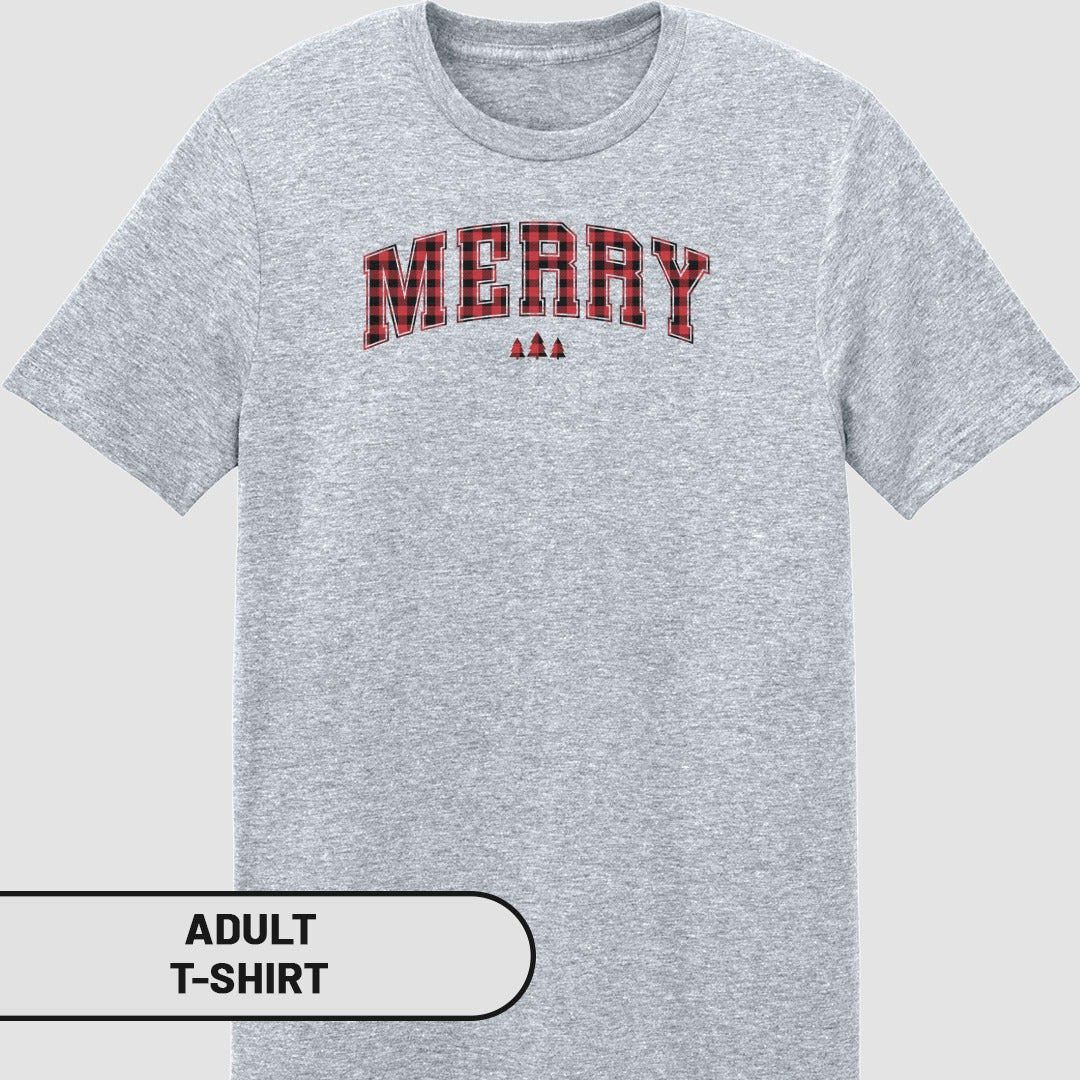 Merry Lettering with Plaid Design Adult T-shirt