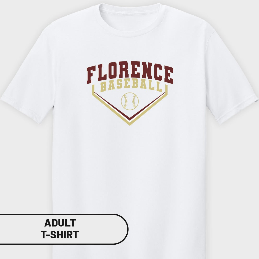White adult t-shirt with "Florence Baseball" logo and baseball graphic.