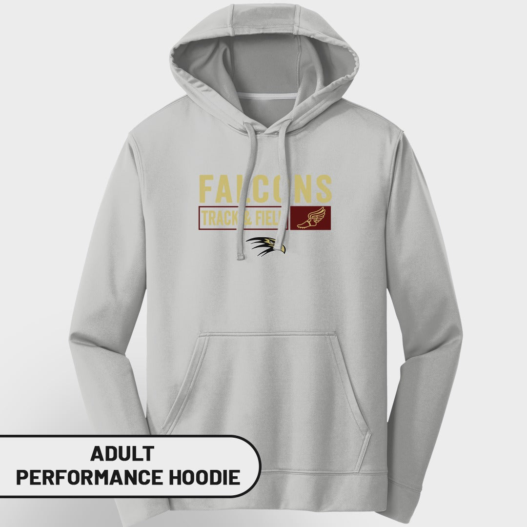 Grey adult performance hoodie with Falcons Track & Field logo.