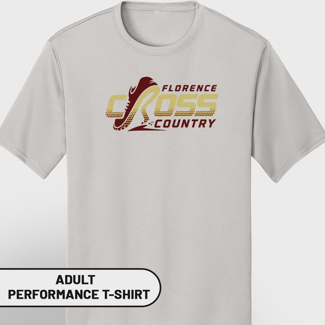Light gray t-shirt with "Florence Cross Country" logo featuring a running shoe.