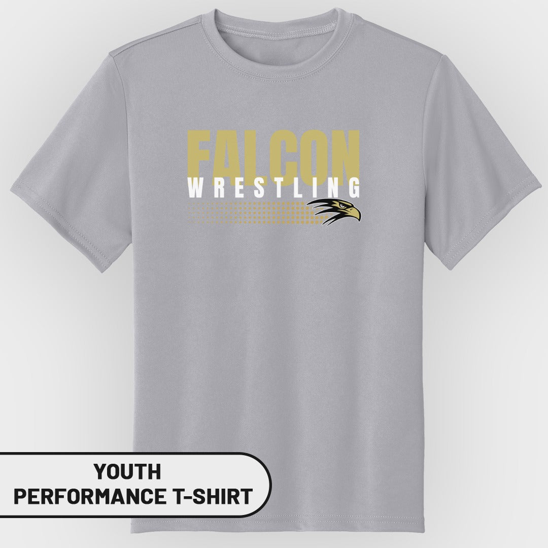 Youth performance t-shirt with Falcon Wrestling graphic and eagle logo.