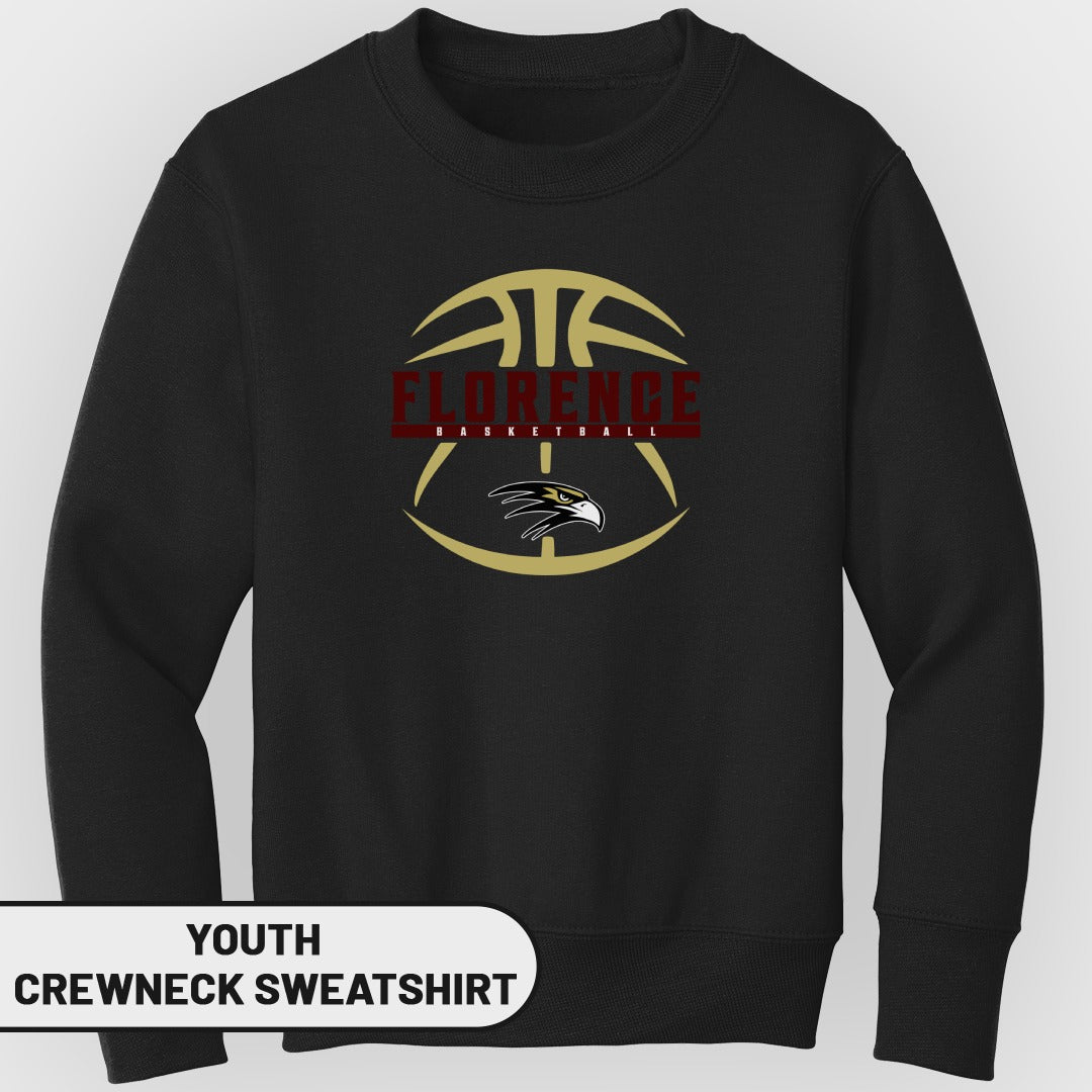 Black youth crewneck sweatshirt with Florence basketball logo featuring an eagle.