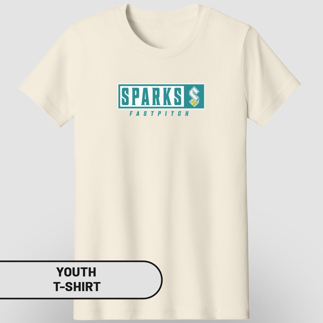 Cream t-shirt with blue and green "SPARKS FASTPITCH" logo and "YOUTH T-SHIRT" label.