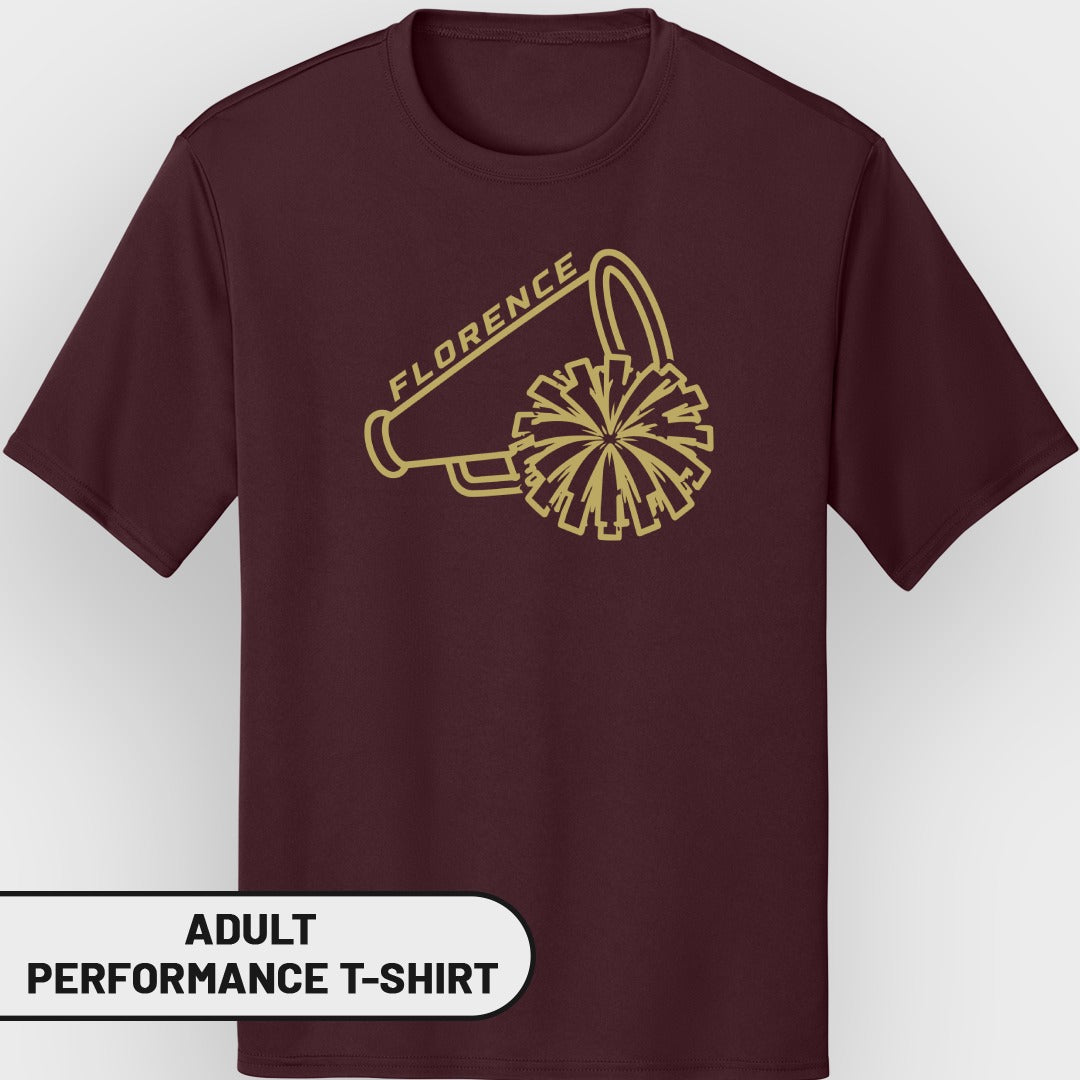 Maroon adult performance t-shirt with gold "Florence" text and megaphone and pom-pom graphic.