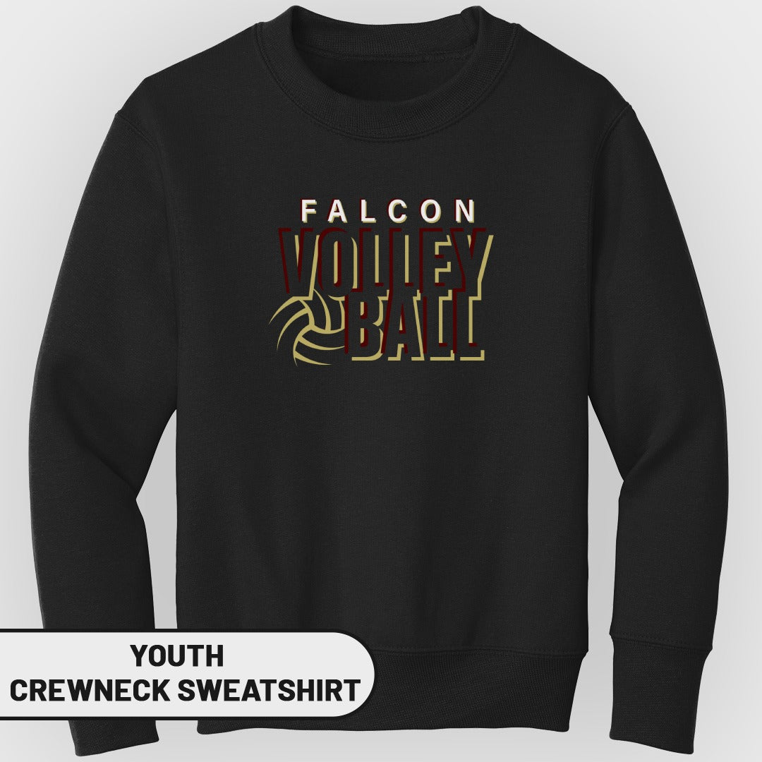 Youth black crewneck sweatshirt with "Falcon Volleyball" text and graphic.