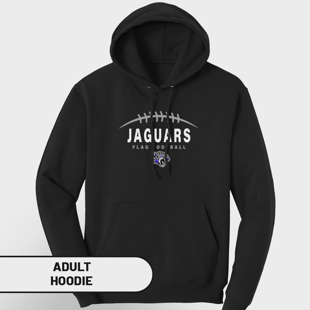 Black adult hoodie with "JAGUARS FLAG FOOTBALL" and jaguar logo graphic.