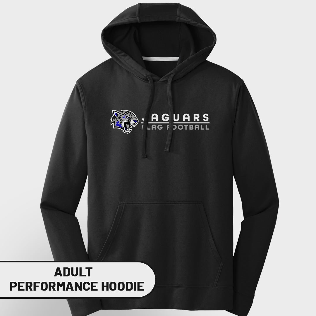 Black adult performance hoodie with Jaguars flag football logo and text.