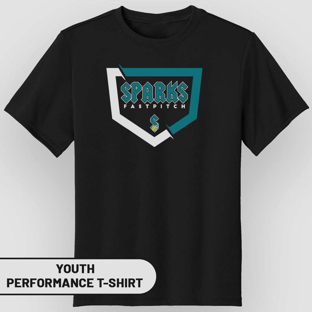 Black youth performance t-shirt with Sparks Fastpitch logo.