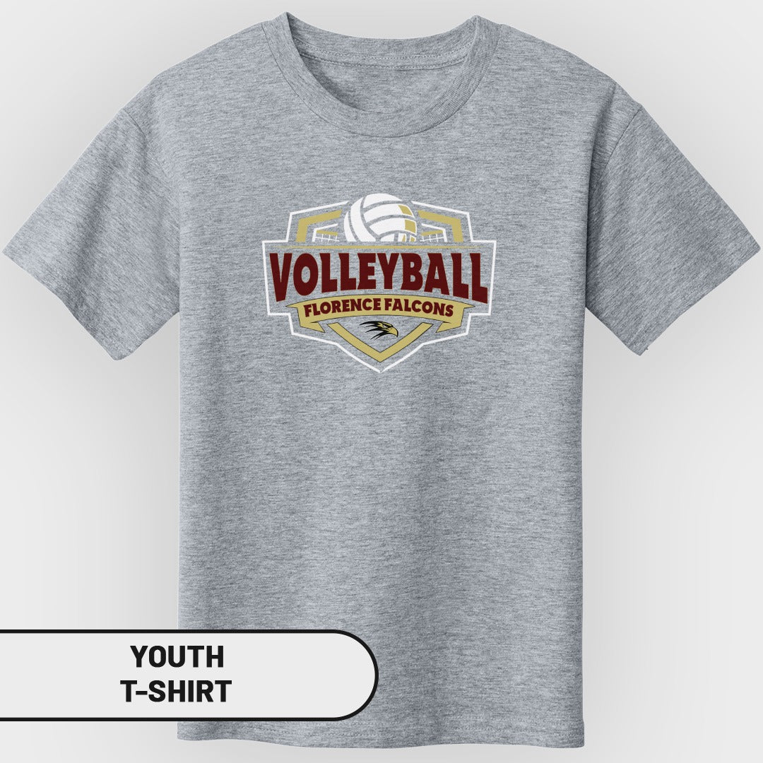 Grey youth t-shirt with a "Volleyball Florence Falcons" logo and a volleyball graphic.