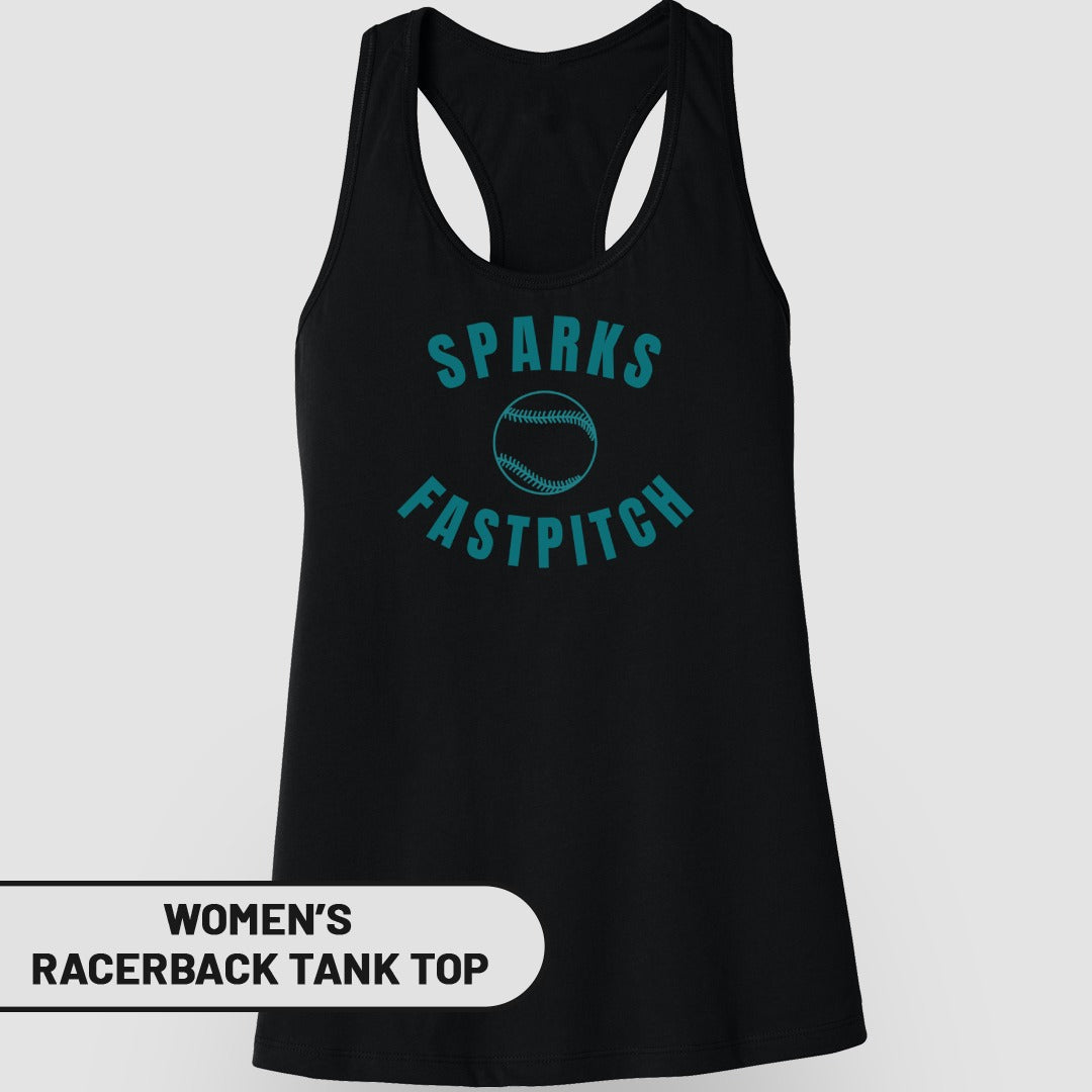 Black racerback tank top with "SPARKS FASTPITCH" in teal.