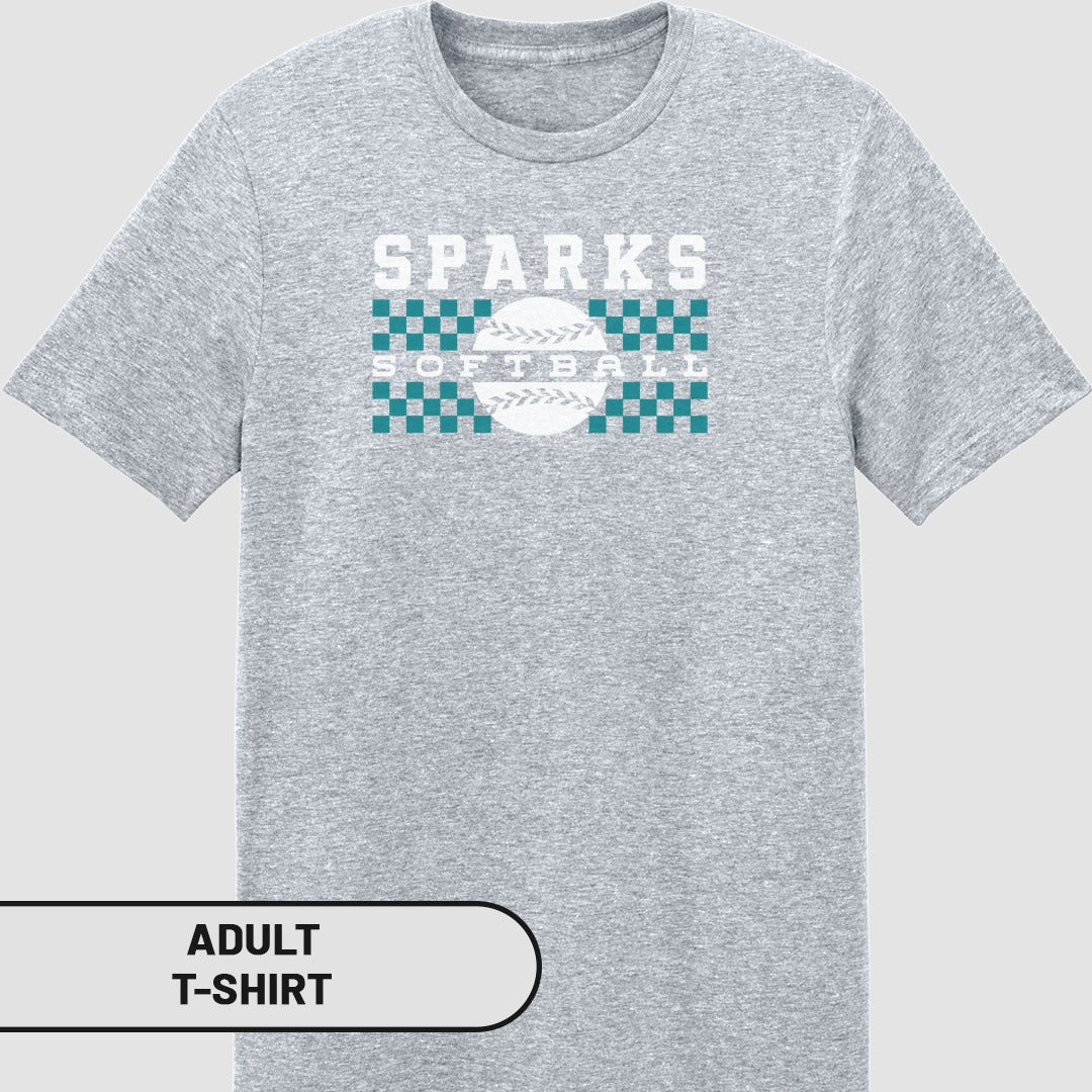 Gray adult t-shirt with "SPARKS" and a softball graphic.