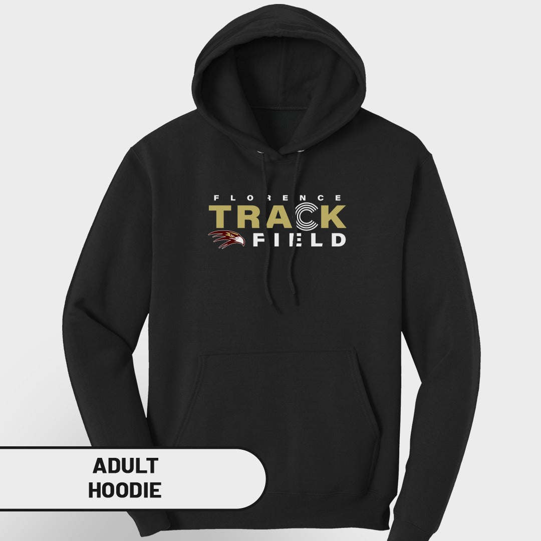 Black adult hoodie with "Florence Track Field" and eagle graphic.