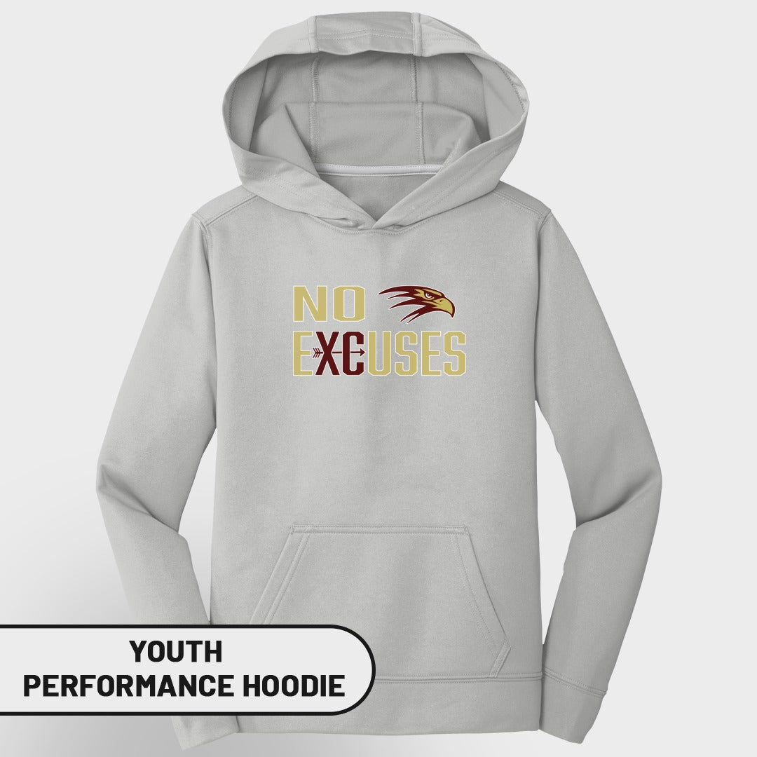 Light gray youth performance hoodie with "NO EXCUSES" text and eagle graphic.