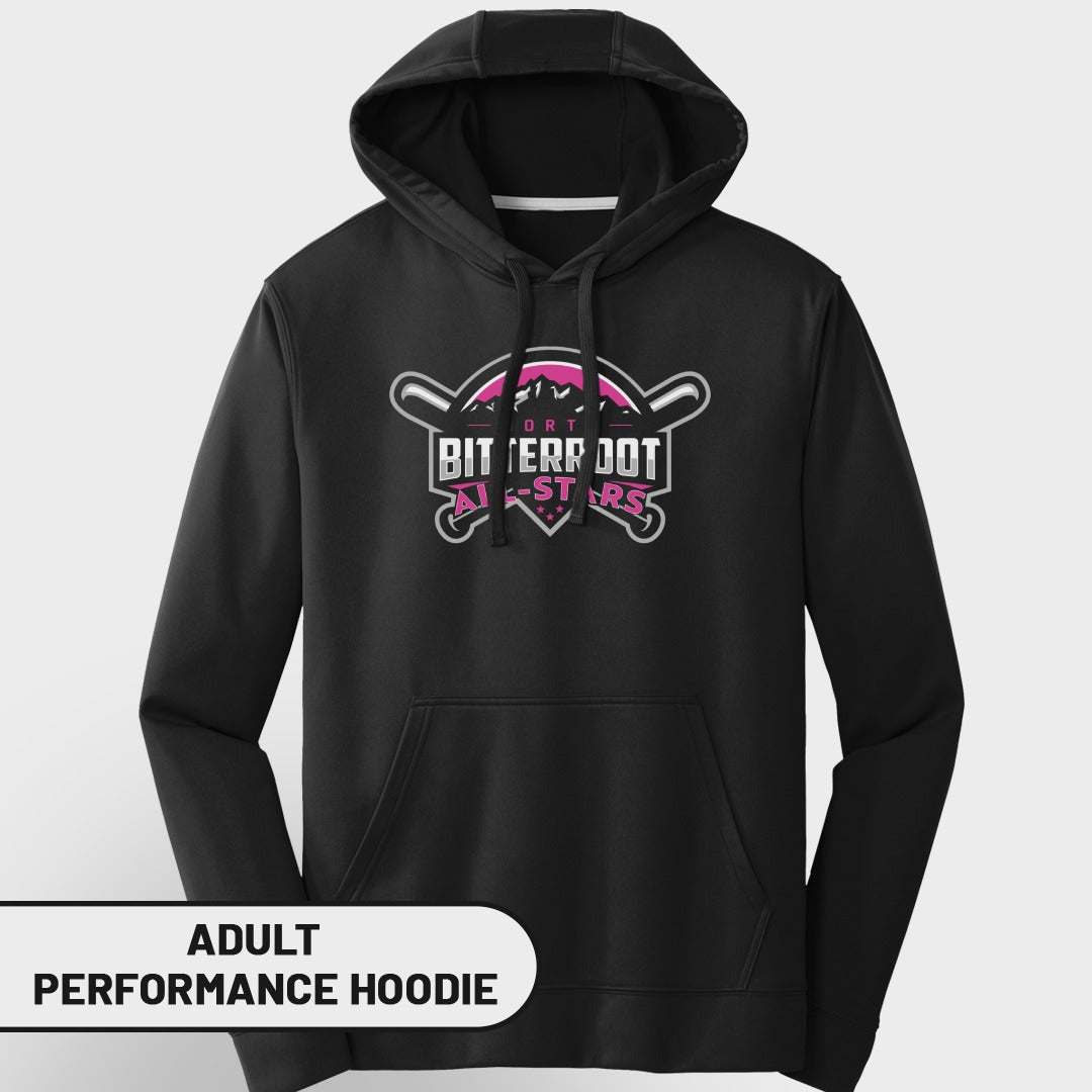 Black adult performance hoodie with white "Bittersweet All-Stars" logo.