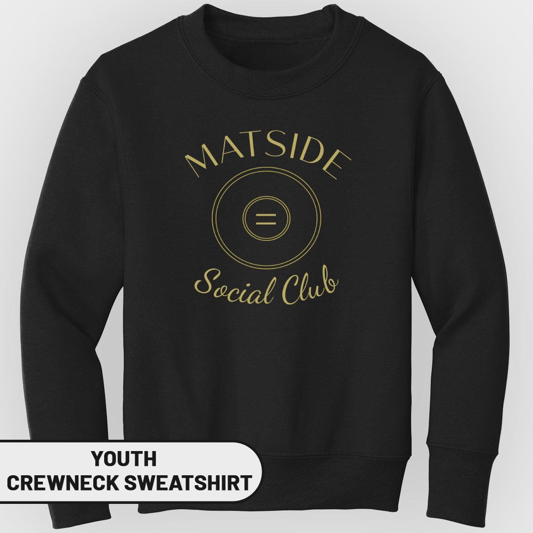 Black youth crewneck sweatshirt with gold "MATSIDE Social Club" text and circular graphic.