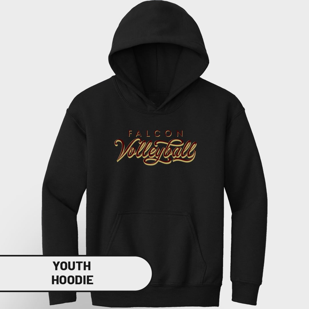 Black youth hoodie with "FALCON Volleyball" text on the chest.