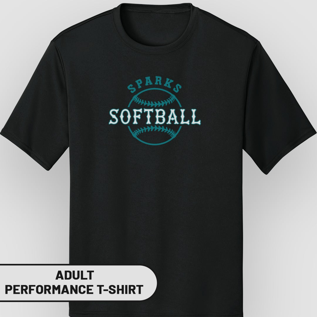 Black adult performance t-shirt with "Sparks Softball" text and baseball stitching design.