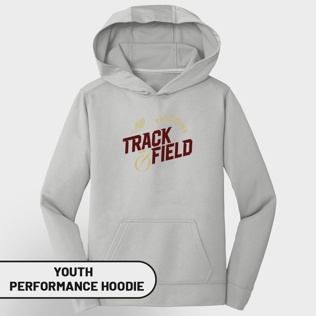 Light grey youth performance hoodie with "Falcons Track & Field" graphic.