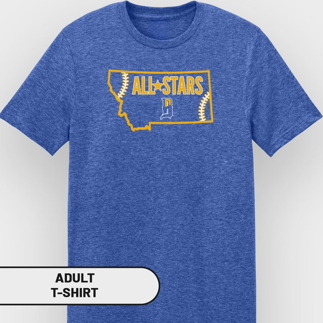 Adult t-shirt with Montana outline and "ALL STARS" text.
