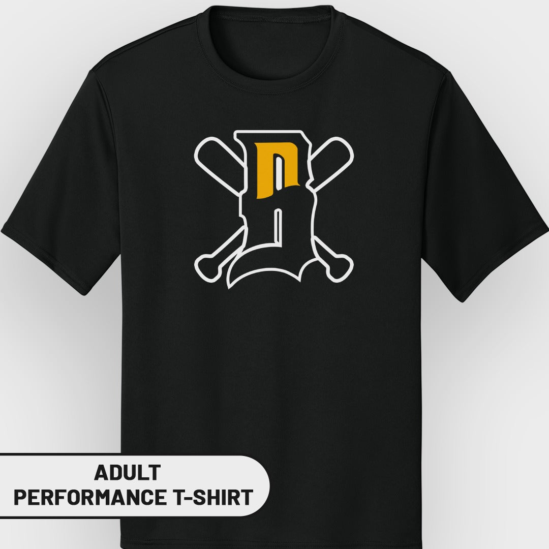 Black t-shirt with a white and yellow "DR" baseball team logo.