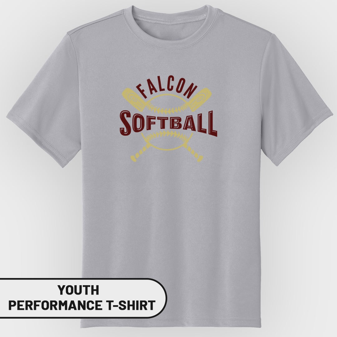Youth performance t-shirt with "Falcon Softball" graphic and crossed bats.