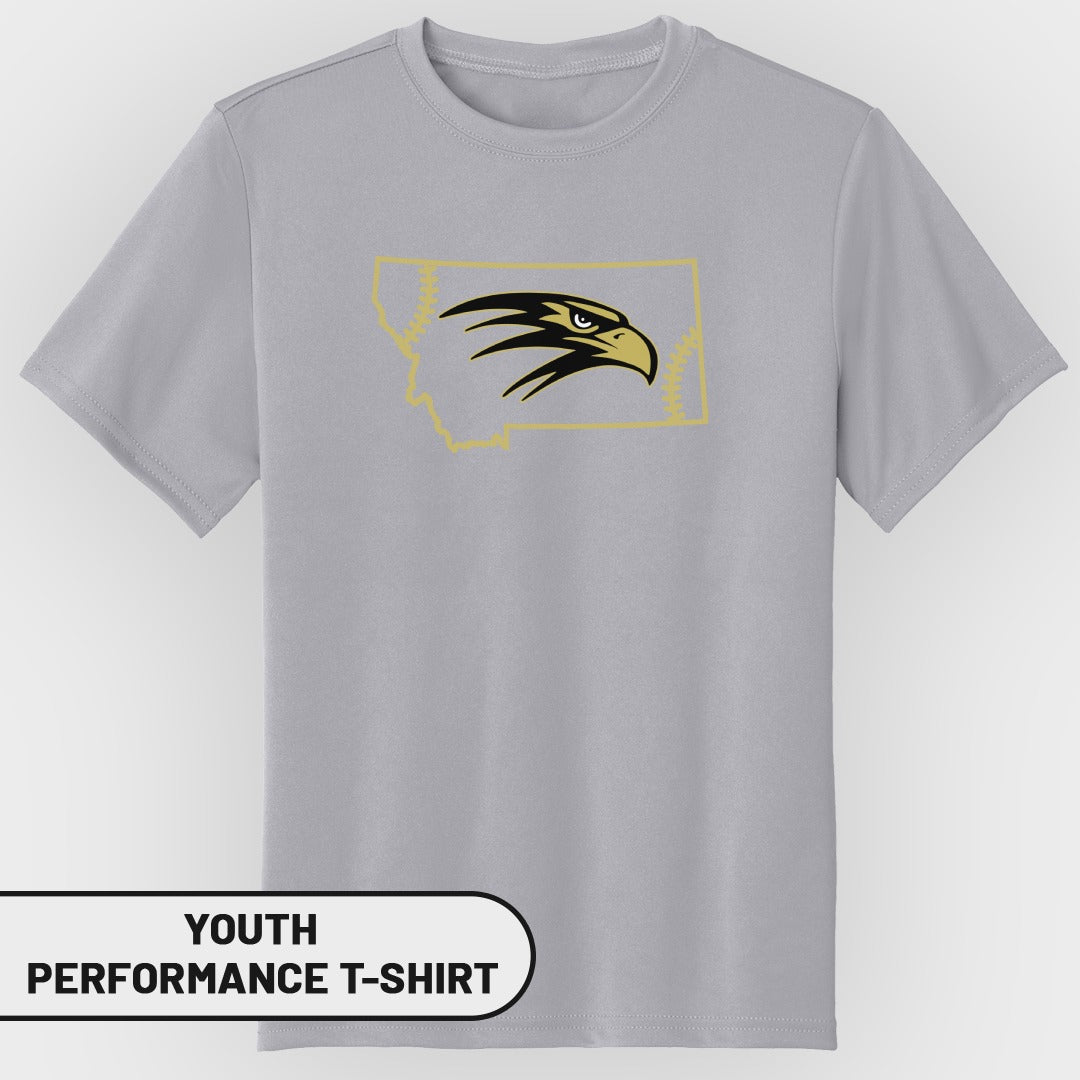 Grey youth performance t-shirt with Montana outline and eagle graphic.