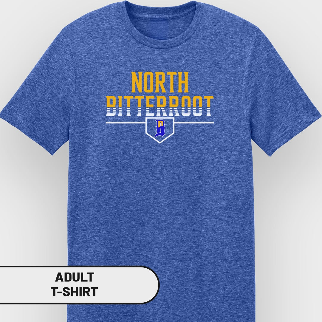 Blue adult t-shirt with "NORTH BITTERROOT" text and school emblem.