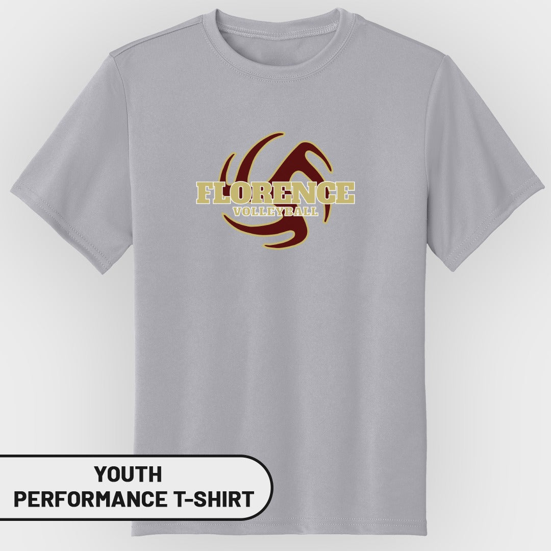 Youth performance t-shirt with Florence Volleyball logo.
