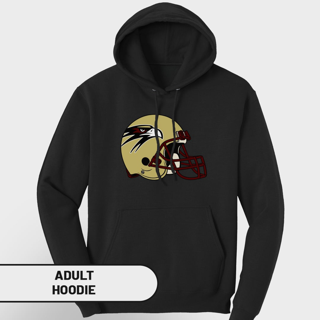 Black adult hoodie with a gold football helmet featuring an eagle logo.