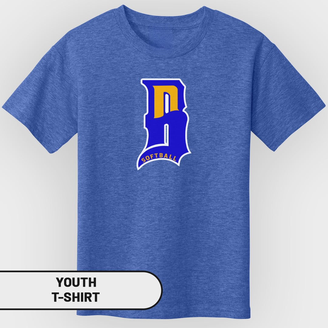 Youth t-shirt with large blue and yellow "B" logo and "SOFTBALL" text.