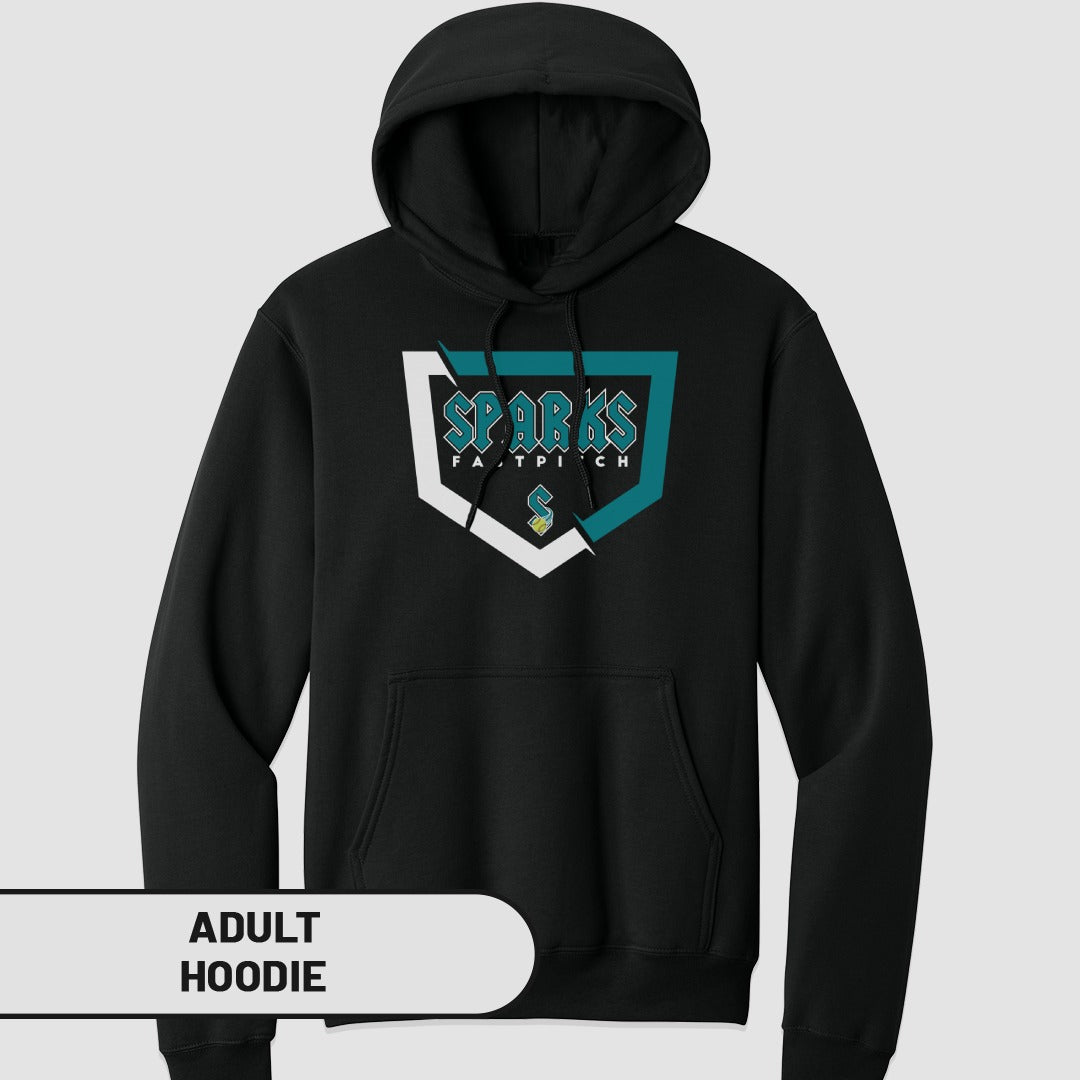 Black adult hoodie with white "SPARKS FASTPITCH" logo in shield shape.