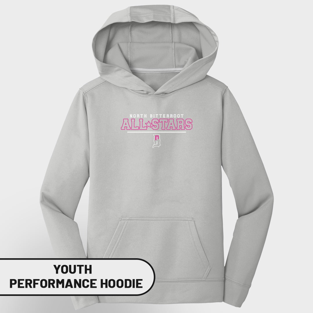 Light gray youth performance hoodie with "North Bitterroot All-Stars" logo in pink.