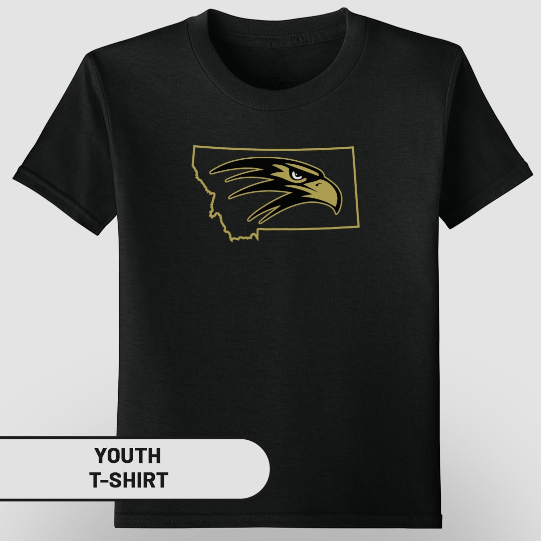 Youth Black T-Shirt with Eagle State Outline Design
