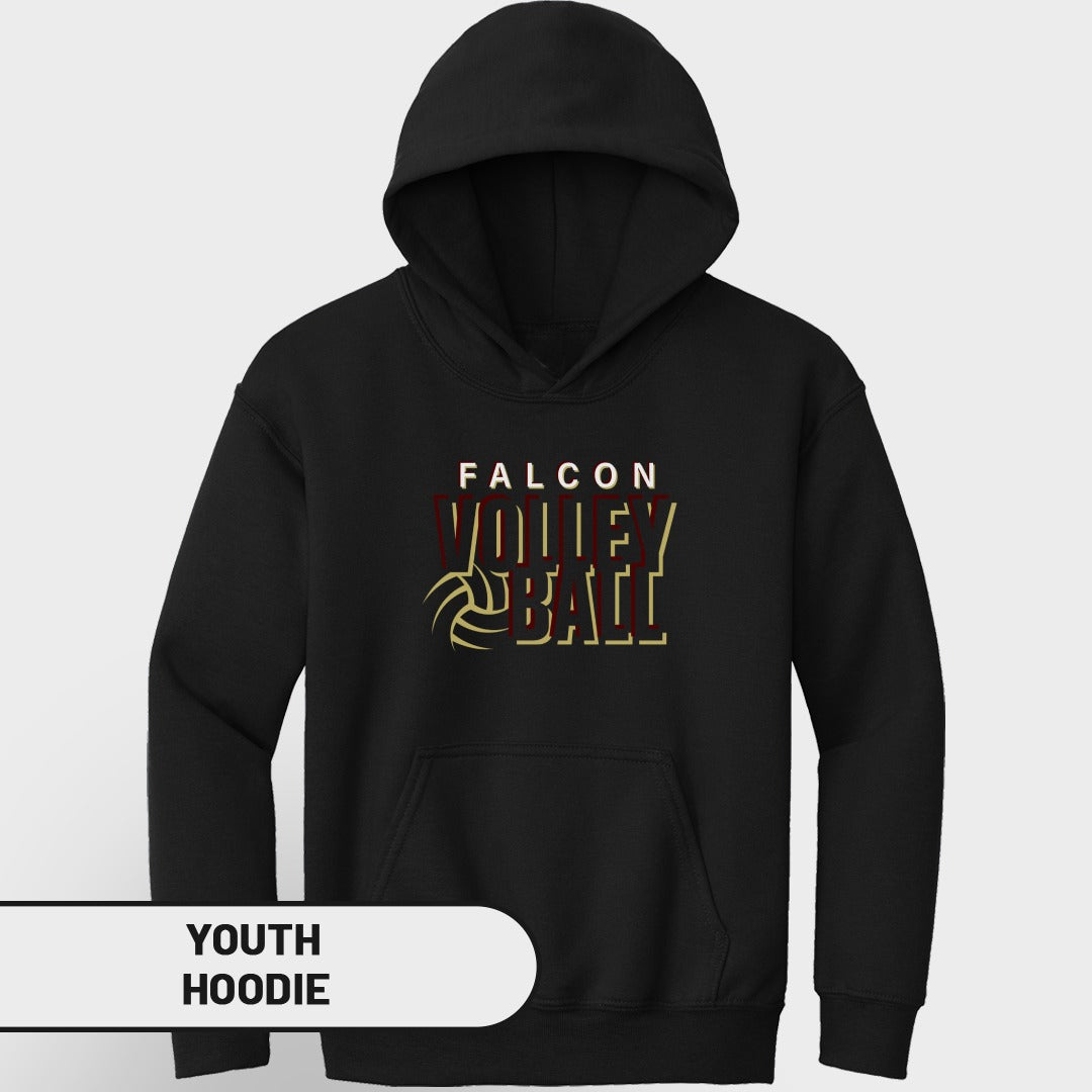 Black youth hoodie with "FALCON VOLLEY BALL" text and volleyball graphic.