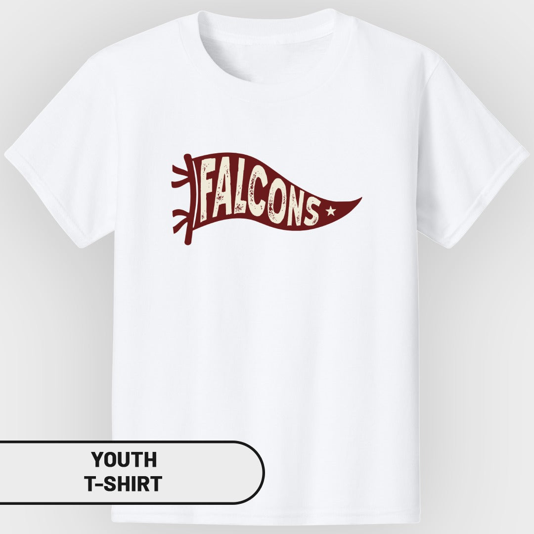 White youth t-shirt with maroon banner graphic reading "FALCONS".